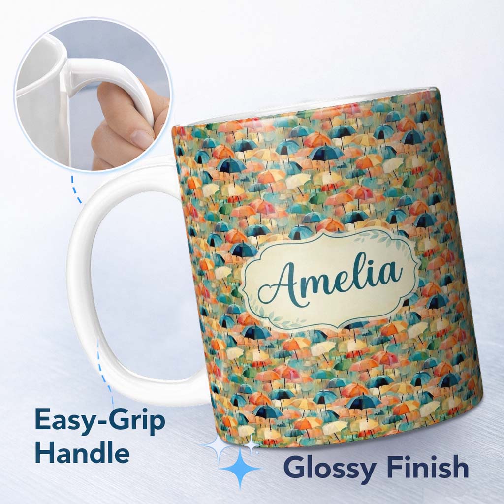 Personalized Custom Name Painterly Umbrella Scene with Soft Blended Colors Seamless Pattern 11oz Ceramic Coffee Tea Mug White Large Handle
