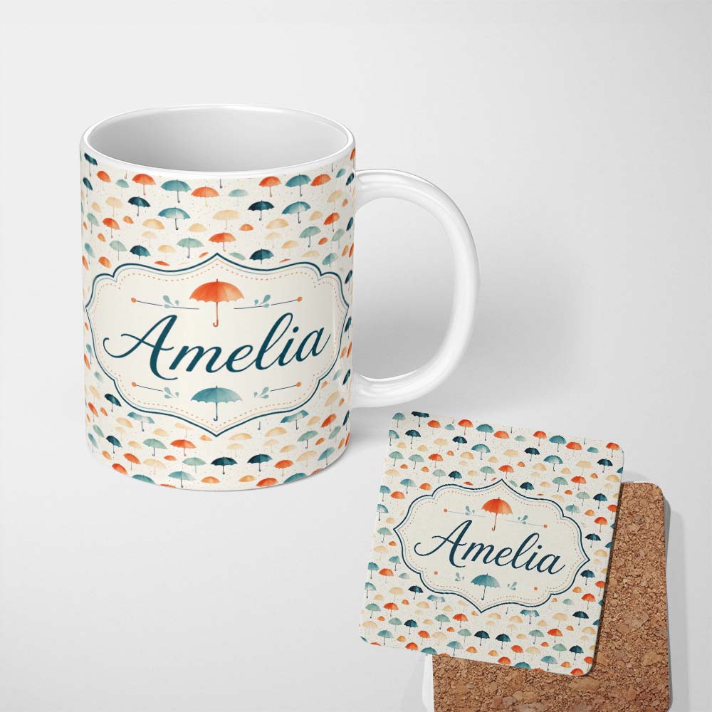 Personalized Custom Name Minimal Umbrella Pattern in Soft Neutral and Teal Shades Seamless 11oz Ceramic Coffee Tea Mug White Large Handle