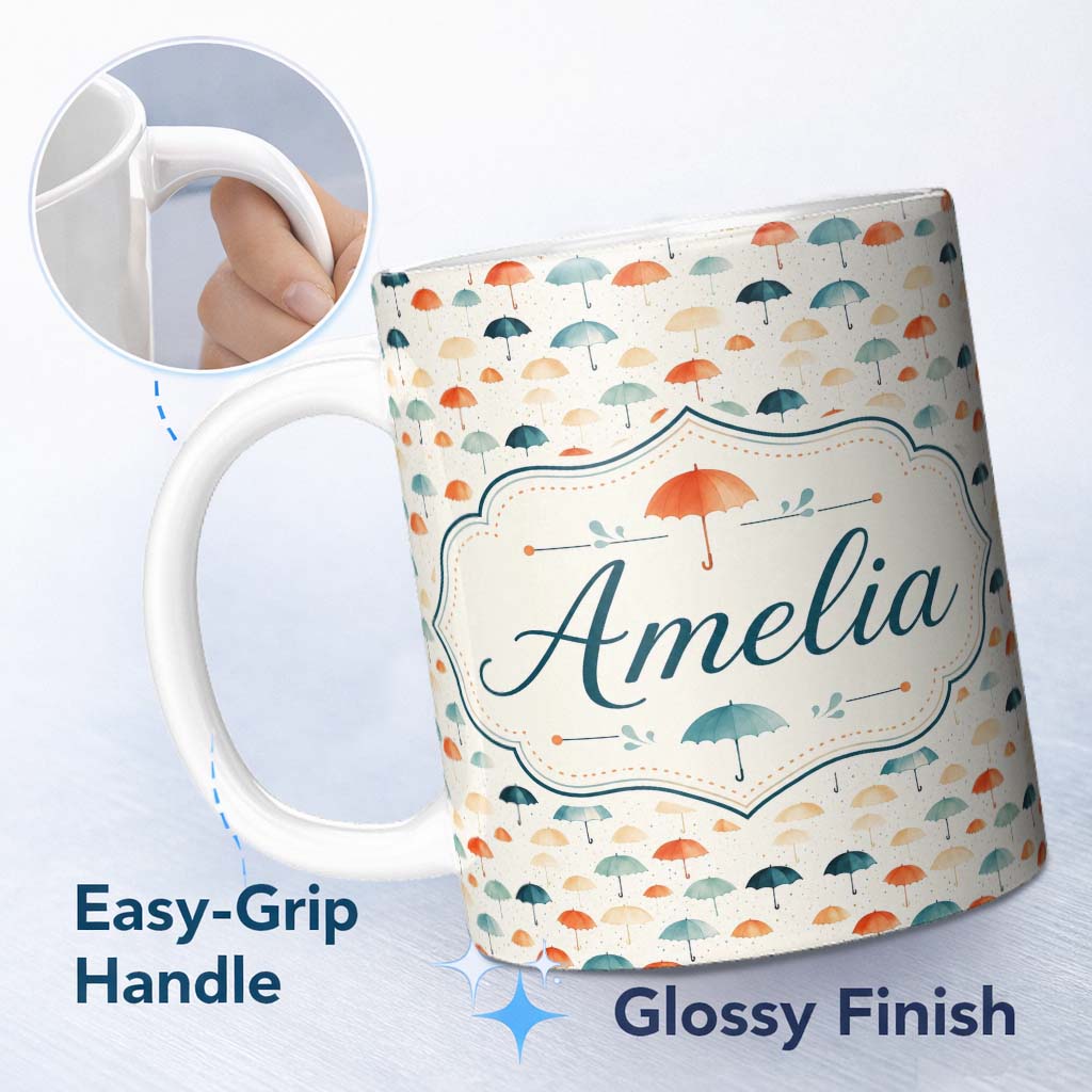 Personalized Custom Name Minimal Umbrella Pattern in Soft Neutral and Teal Shades Seamless 11oz Ceramic Coffee Tea Mug White Large Handle