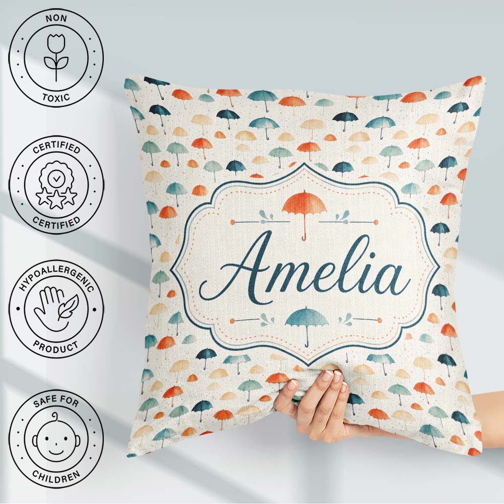 Custom Name Minimal Umbrella Pattern in Soft Neutral Teal Shades Square Filled Cushion Throw Pillow Sofa Bed Home Decor Zip Washable UK Made