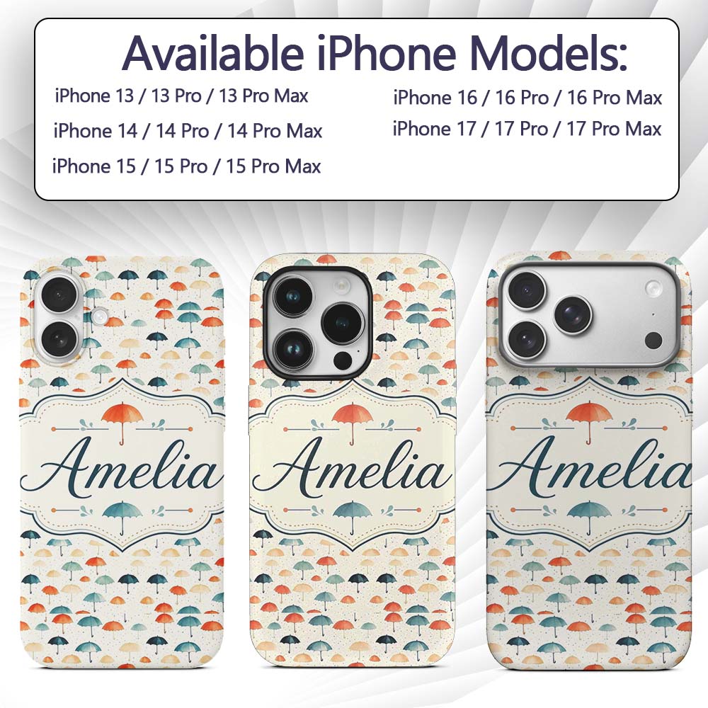 Minimal Umbrella Pattern in Soft Neutral and Teal Custom Name Protective Phone Case Mobile Cover Durable Everyday Smartphone Shock Resistant