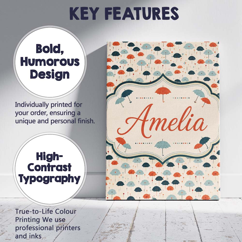 Personalised Name Small Umbrellas in Teal Custom Unique Gift Idea Elegant Feature Canvas Wall Art Print Decor Picture Ready to Hang