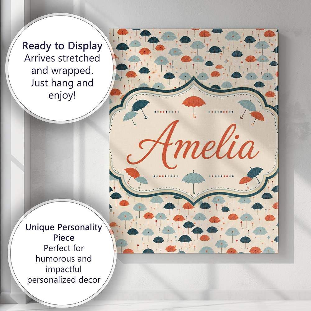 Personalised Name Small Umbrellas in Teal Custom Unique Gift Idea Elegant Feature Canvas Wall Art Print Decor Picture Ready to Hang