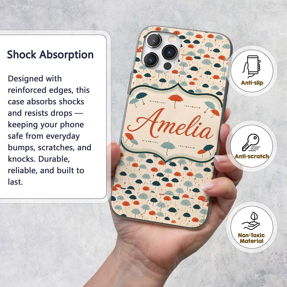 Small Umbrellas in Teal and Orange Printed Design Custom Name Protective Phone Case Mobile Cover Durable Everyday Smartphone Shock Resistant