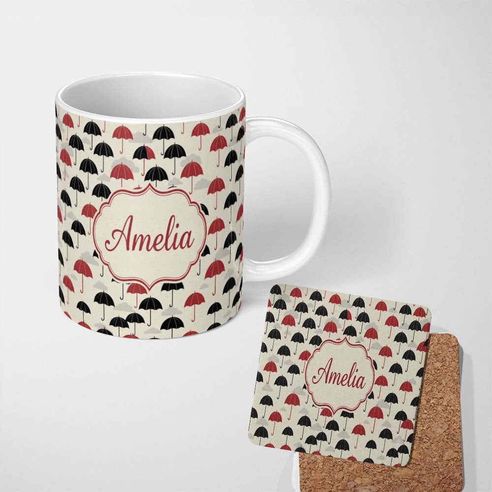 Personalized Custom Name Bold Black and Red Umbrellas with Cloud Background Seamless Pattern 11oz Ceramic Coffee Tea Mug White Large Handle