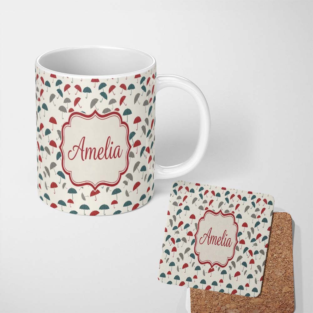 Personalized Custom Name Soft Neutral Umbrellas with Subtle Rain Dots Seamless Pattern Name 11oz Ceramic Coffee Tea Mug White Large Handle