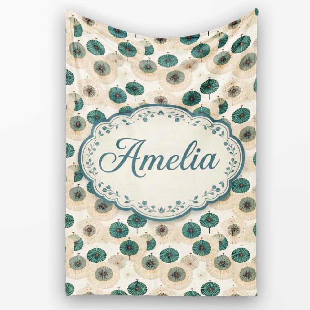 Vintage Paper Parasol Circles in Teal and Beige Seamless Pattern Personalised Custom Name Super Soft Fleece Blanket Bed Sofa Throw