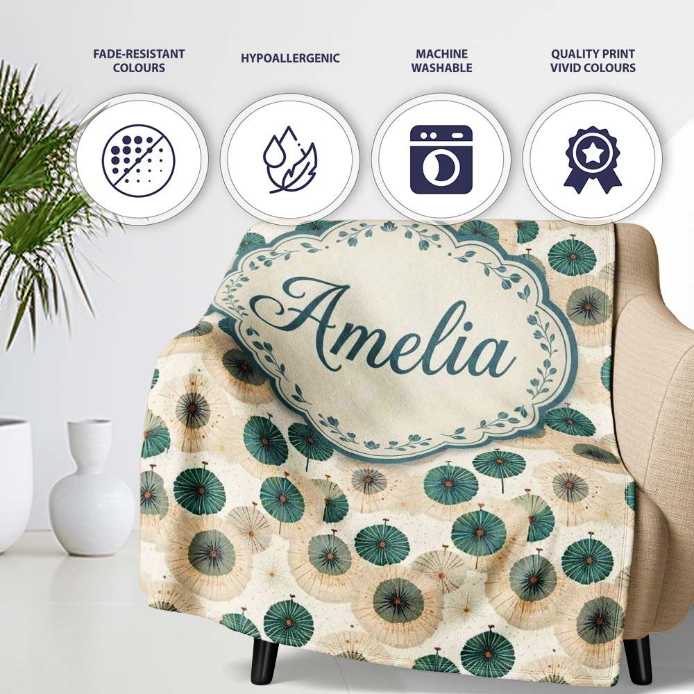 Vintage Paper Parasol Circles in Teal and Beige Seamless Pattern Personalised Custom Name Super Soft Fleece Blanket Bed Sofa Throw
