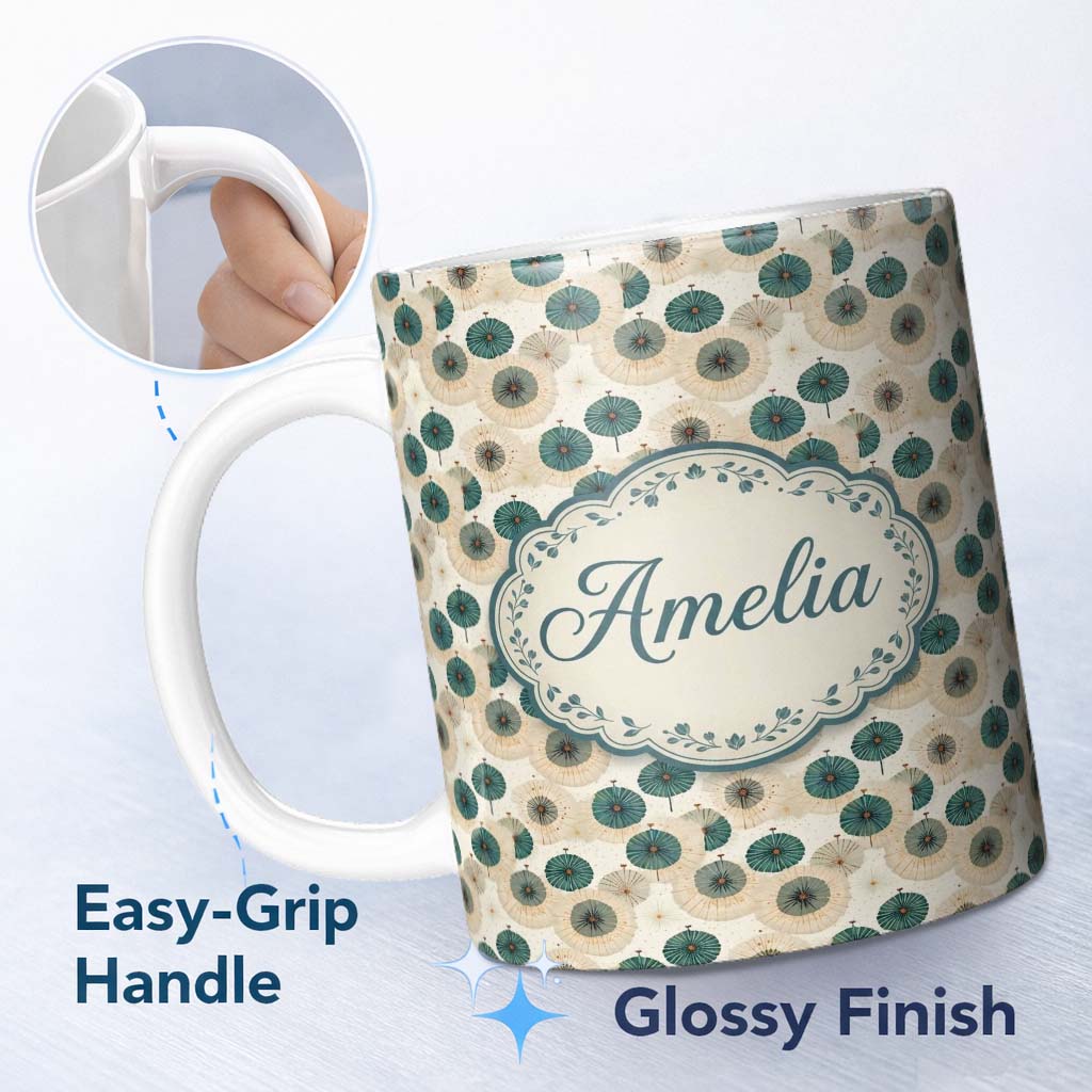 Personalized Custom Name Vintage Paper Parasol Circles in Teal and Beige Seamless Pattern 11oz Ceramic Coffee Tea Mug White Large Handle