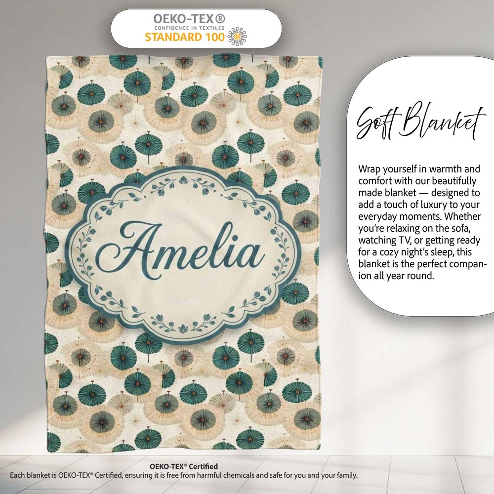 Vintage Paper Parasol Circles in Teal and Beige Seamless Pattern Personalised Custom Name Super Soft Fleece Blanket Bed Sofa Throw