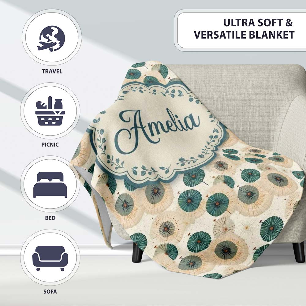 Vintage Paper Parasol Circles in Teal and Beige Seamless Pattern Personalised Custom Name Super Soft Fleece Blanket Bed Sofa Throw