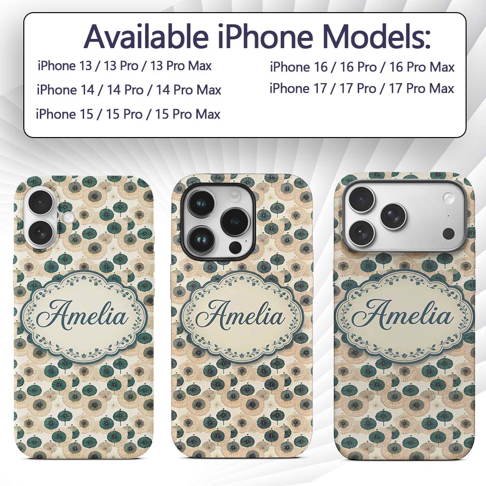 Vintage Paper Parasol Circles in Teal and Beige Custom Name Protective Phone Case Mobile Cover Durable Everyday Smartphone Shock Resistant
