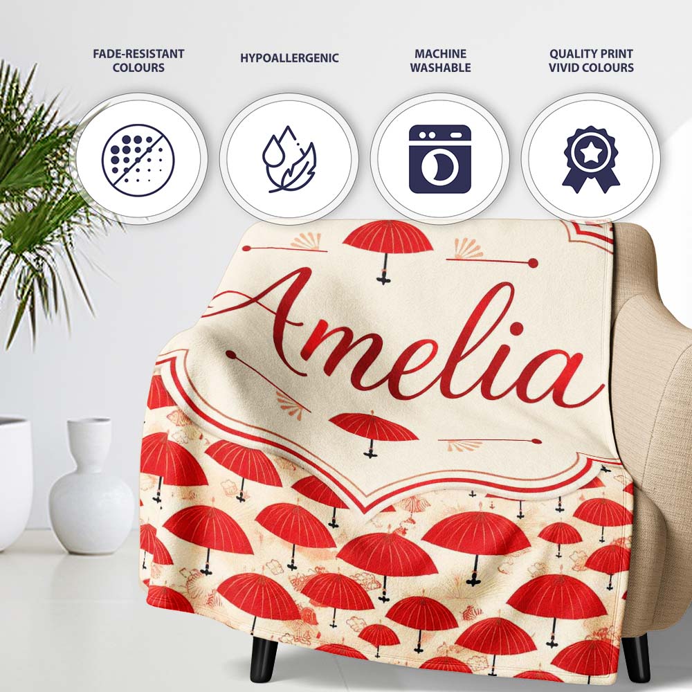 Traditional Red Asian Parasols with Decorative Motifs Seamless Personalised Custom Name Super Soft Fleece Blanket Bed Sofa Throw