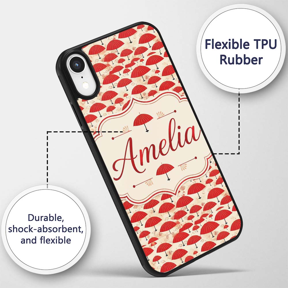 Traditional Red Asian Parasols with Decorative Custom Name Protective Phone Case Mobile Cover Durable Everyday Smartphone Shock Resistant