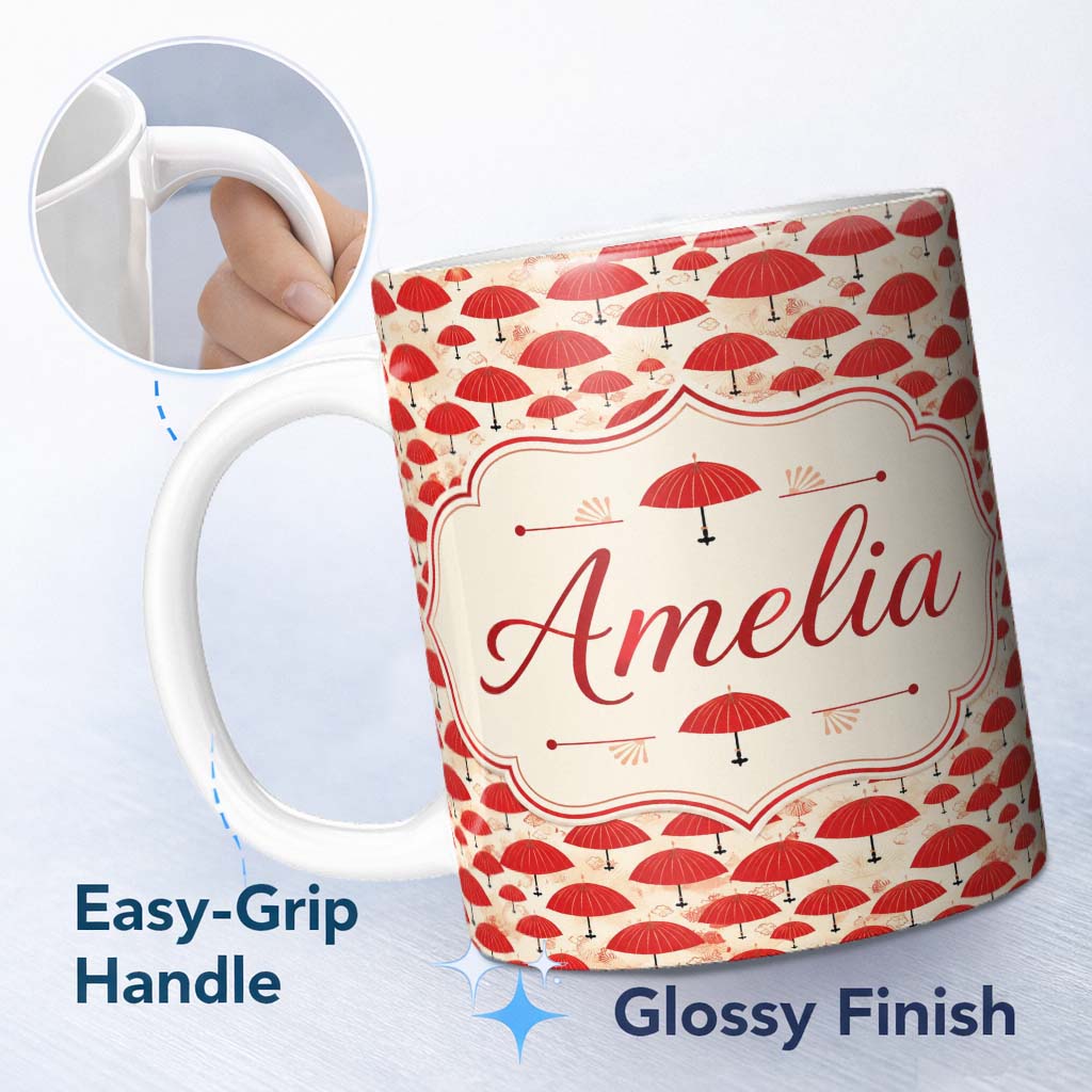 Personalized Custom Name Traditional Red Asian Parasols with Decorative Motifs Seamless 11oz Ceramic Coffee Tea Mug White Large Handle