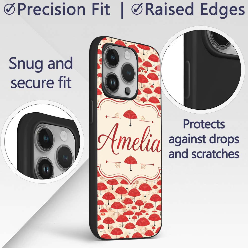 Traditional Red Asian Parasols with Decorative Custom Name Protective Phone Case Mobile Cover Durable Everyday Smartphone Shock Resistant