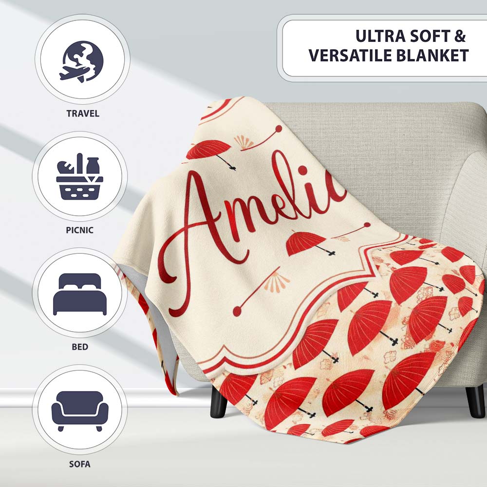Traditional Red Asian Parasols with Decorative Motifs Seamless Personalised Custom Name Super Soft Fleece Blanket Bed Sofa Throw