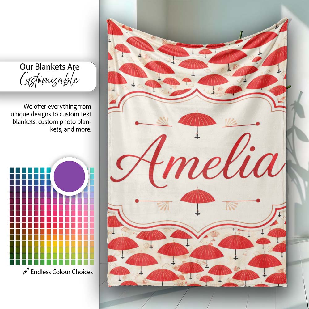 Traditional Red Asian Parasols with Decorative Motifs Seamless Personalised Custom Name Super Soft Fleece Blanket Bed Sofa Throw