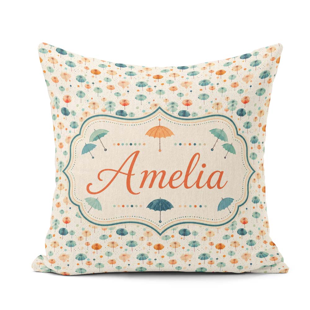 Custom Name Watercolor Style Umbrellas with Soft Pastel Splashes Square Filled Cushion Throw Pillow Sofa Bed Home Decor Zip Washable UK Made