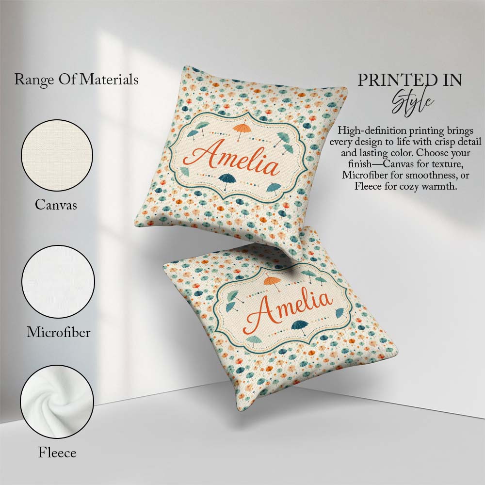 Custom Name Watercolor Style Umbrellas with Soft Pastel Splashes Square Filled Cushion Throw Pillow Sofa Bed Home Decor Zip Washable UK Made