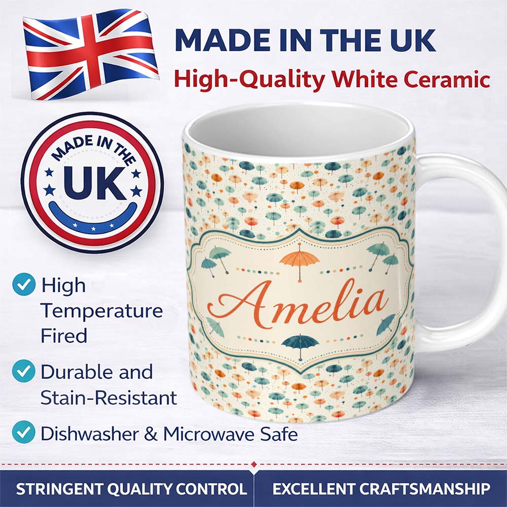 Personalized Custom Name Watercolor Style Umbrellas with Soft Pastel Splashes Seamless 11oz Ceramic Coffee Tea Mug White Large Handle