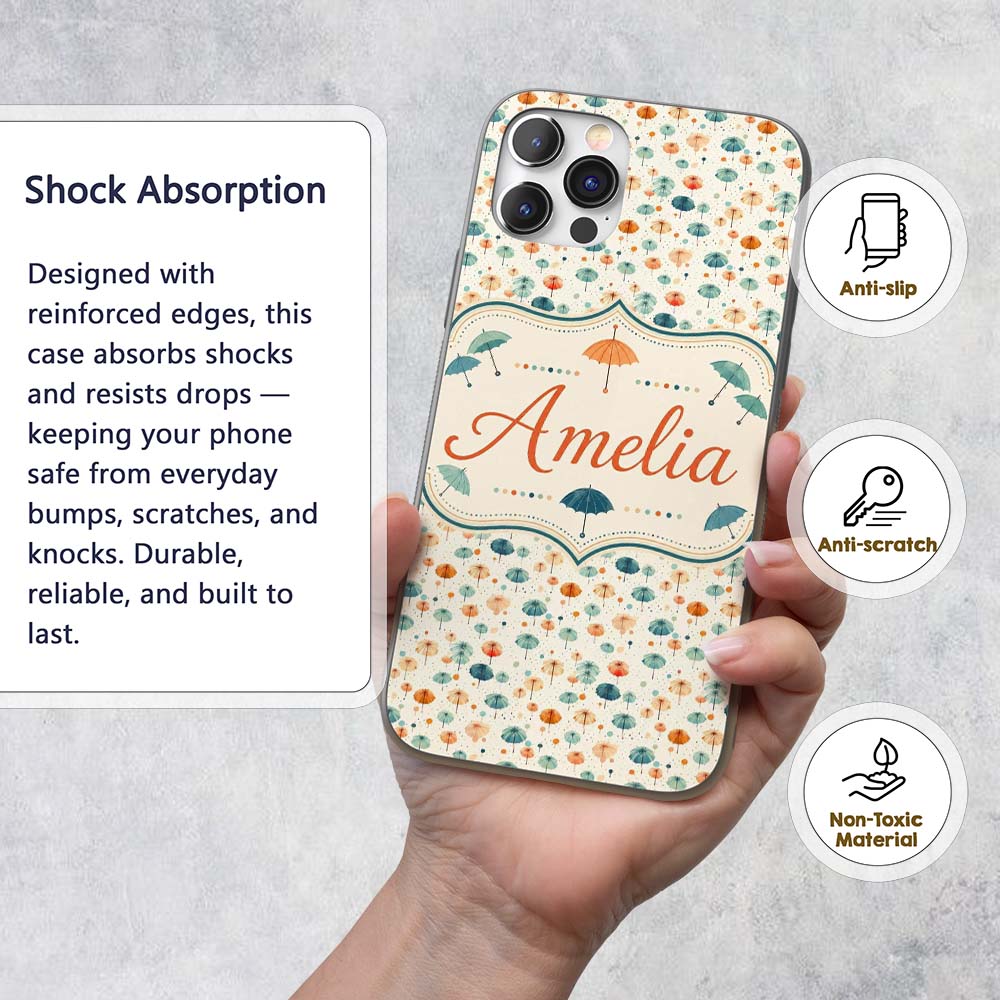Watercolor Style Umbrellas with Printed Design Custom Name Protective Phone Case Mobile Cover Durable Everyday Smartphone Shock Resistant