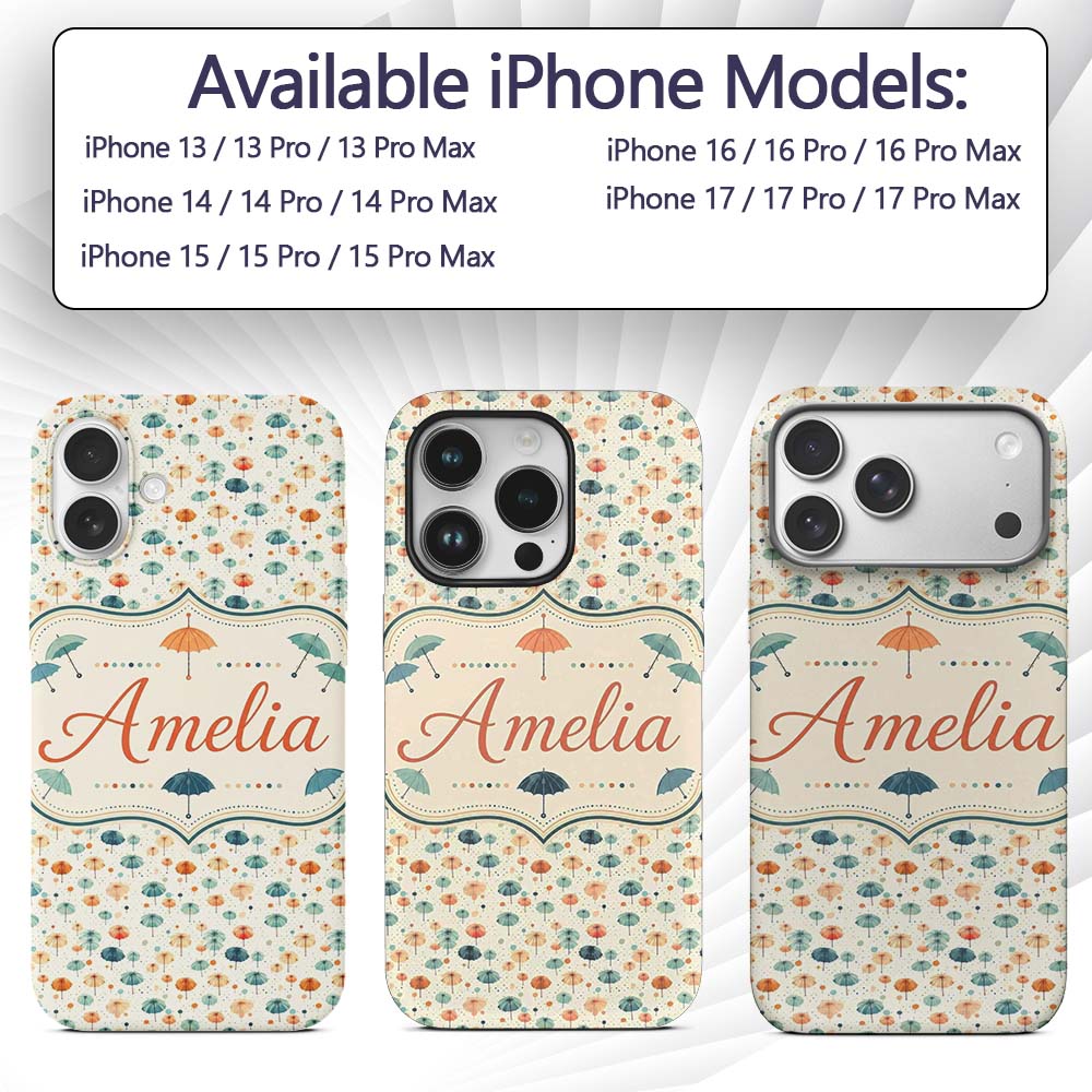 Watercolor Style Umbrellas with Printed Design Custom Name Protective Phone Case Mobile Cover Durable Everyday Smartphone Shock Resistant