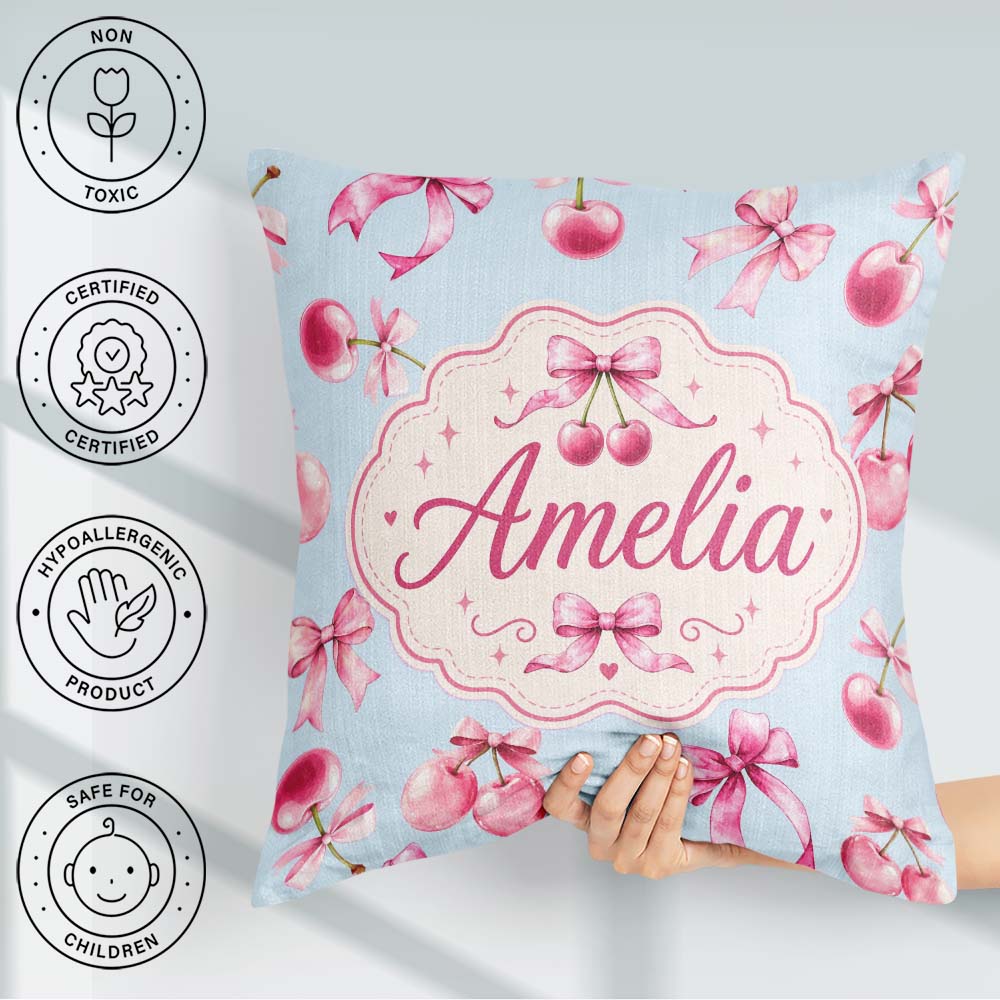 Custom Name Watercolor Cherry Bow Ribbon Blue Background Pattern Square Filled Cushion Throw Pillow Sofa Bed Home Decor Zip Washable UK Made