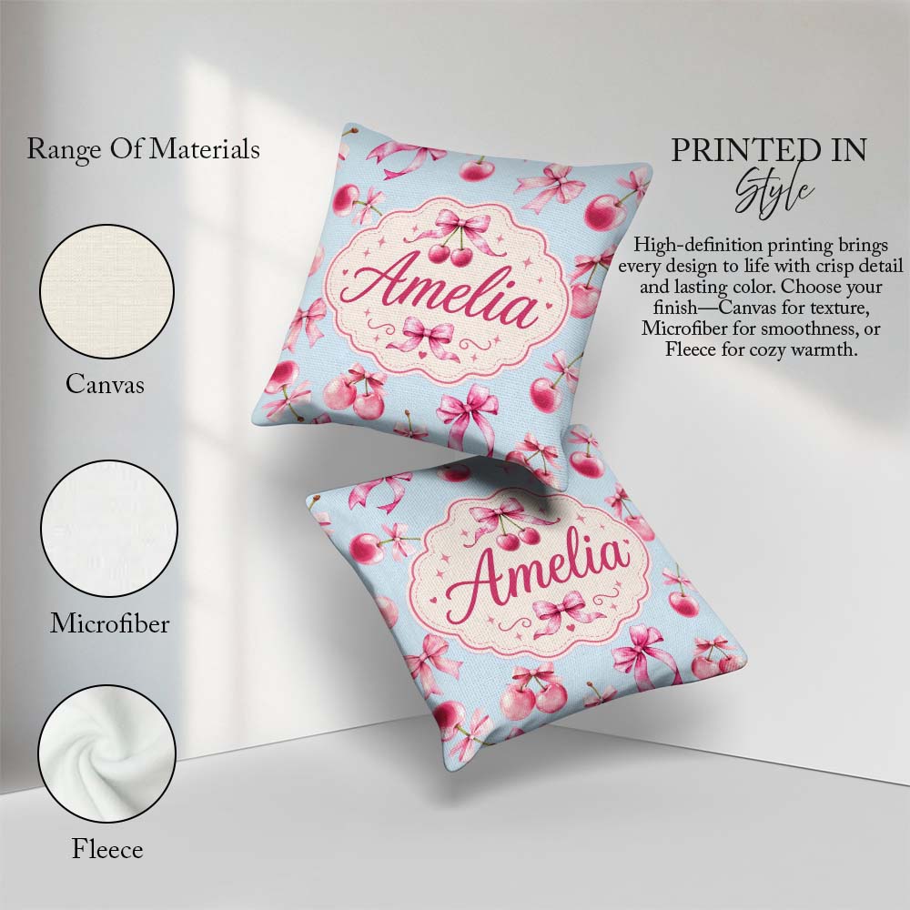 Custom Name Watercolor Cherry Bow Ribbon Blue Background Pattern Square Filled Cushion Throw Pillow Sofa Bed Home Decor Zip Washable UK Made