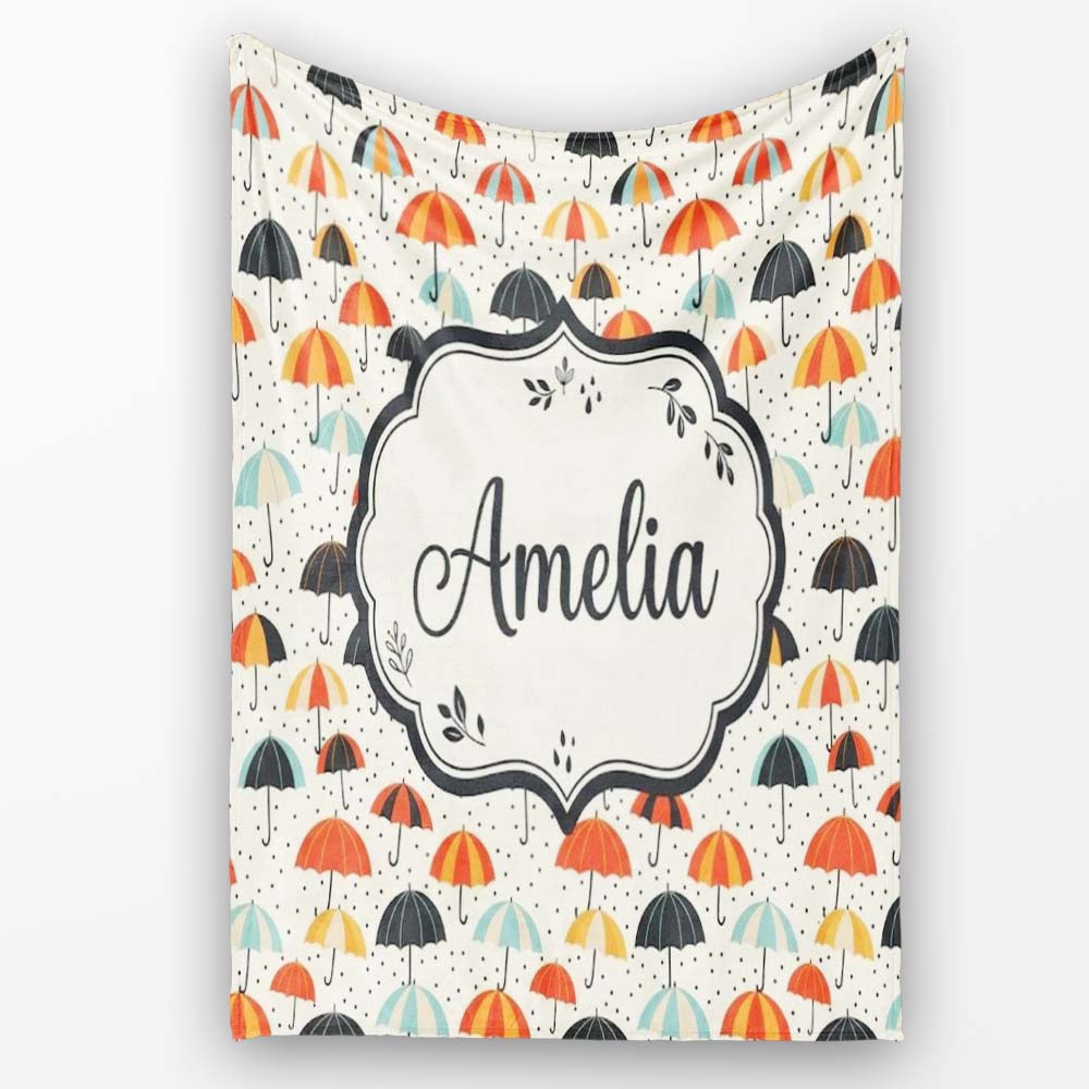 Playful Umbrellas with Raindrops and Dots Seamless Pattern Name Cute Personalised Custom Name Super Soft Fleece Blanket Bed Sofa Throw