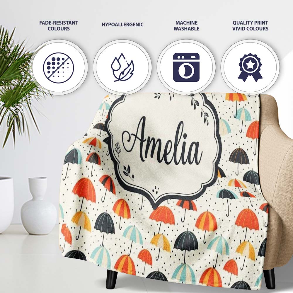 Playful Umbrellas with Raindrops and Dots Seamless Pattern Name Cute Personalised Custom Name Super Soft Fleece Blanket Bed Sofa Throw