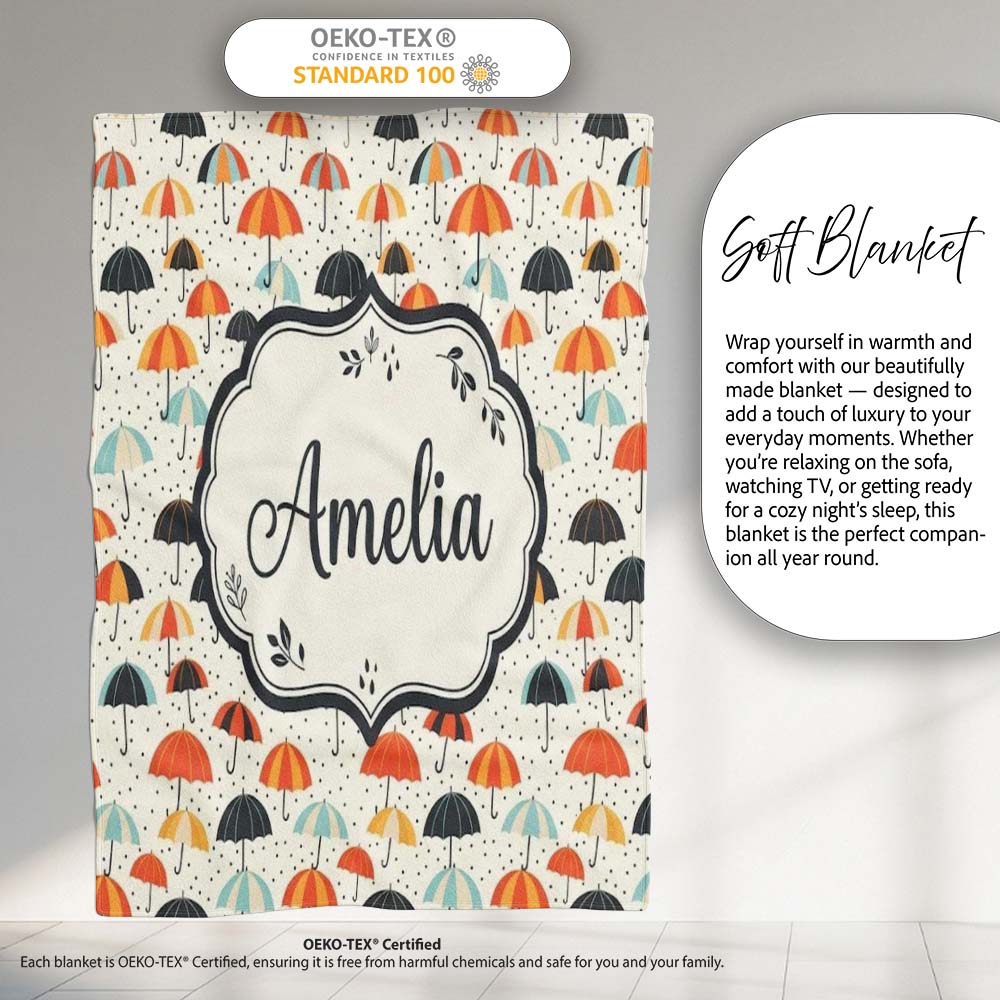 Playful Umbrellas with Raindrops and Dots Seamless Pattern Name Cute Personalised Custom Name Super Soft Fleece Blanket Bed Sofa Throw