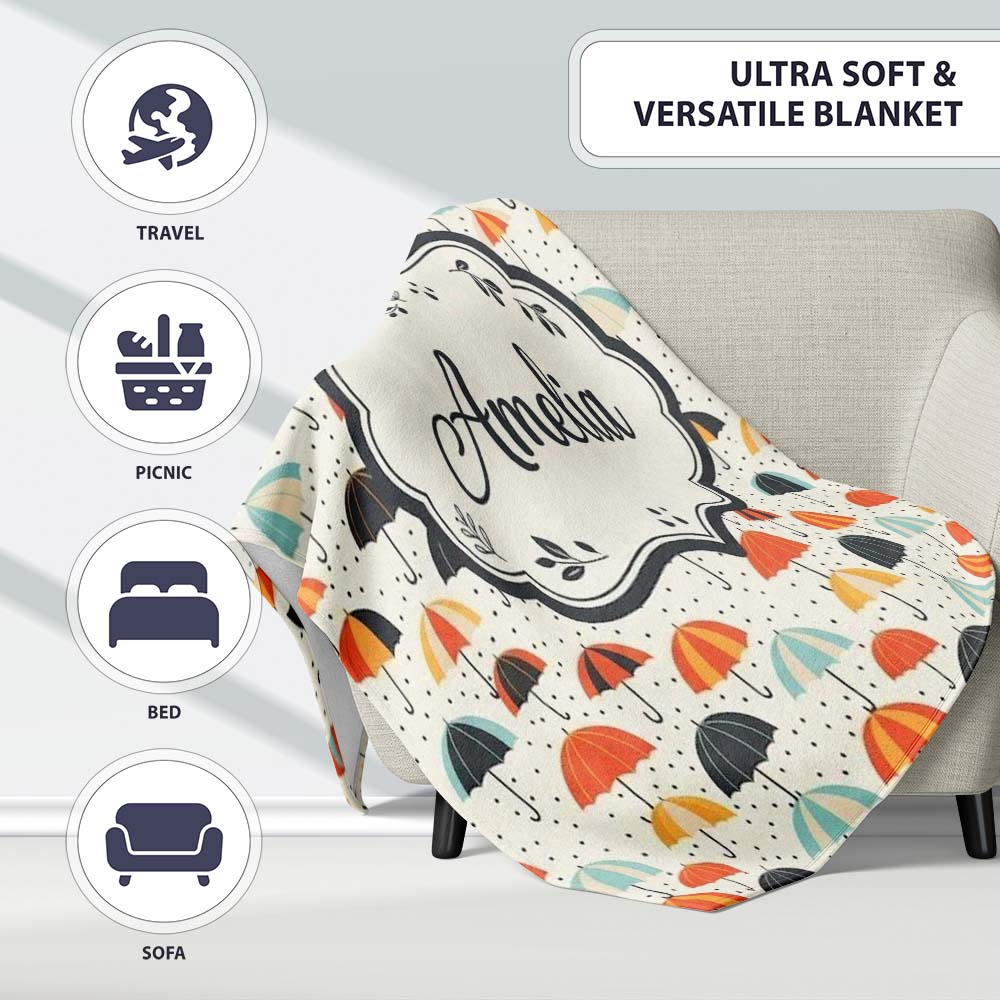 Playful Umbrellas with Raindrops and Dots Seamless Pattern Name Cute Personalised Custom Name Super Soft Fleece Blanket Bed Sofa Throw