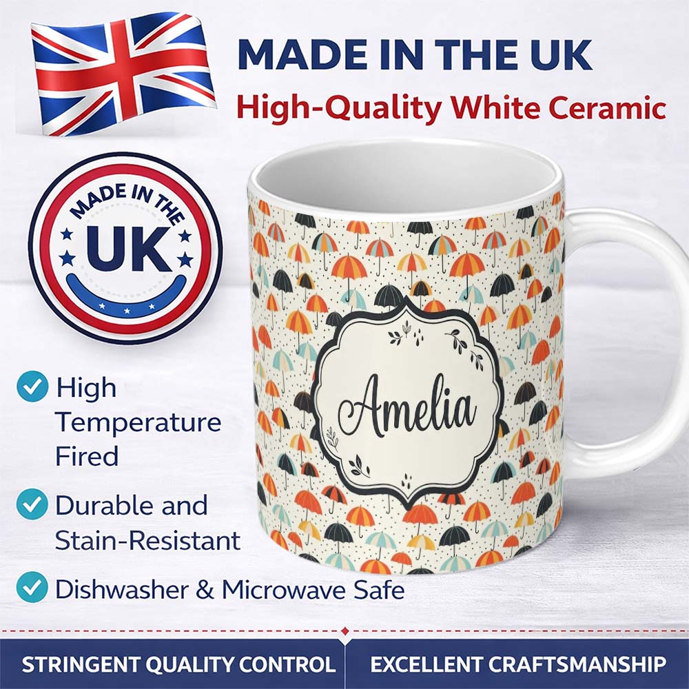 Personalized Custom Name Playful Umbrellas with Raindrops and Dots Seamless Pattern Name Cute 11oz Ceramic Coffee Tea Mug White Large Handle