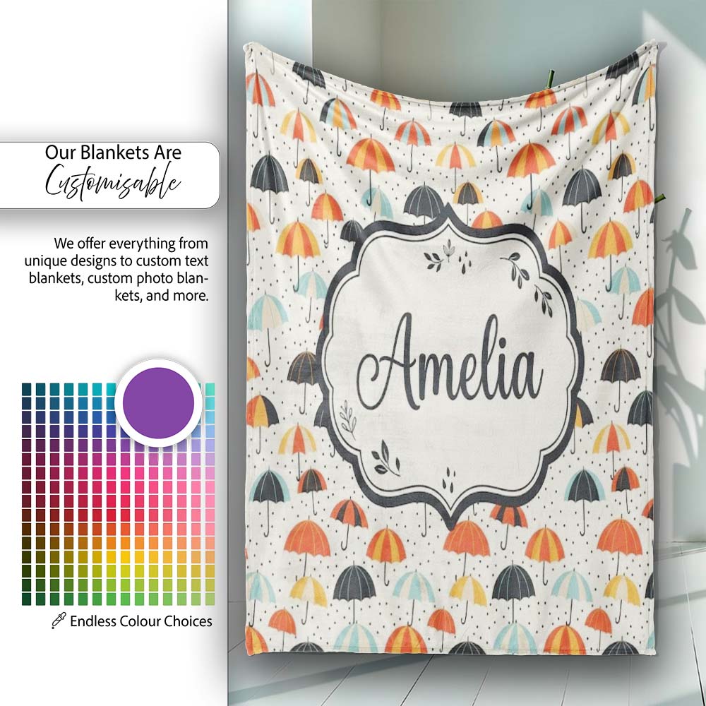 Playful Umbrellas with Raindrops and Dots Seamless Pattern Name Cute Personalised Custom Name Super Soft Fleece Blanket Bed Sofa Throw