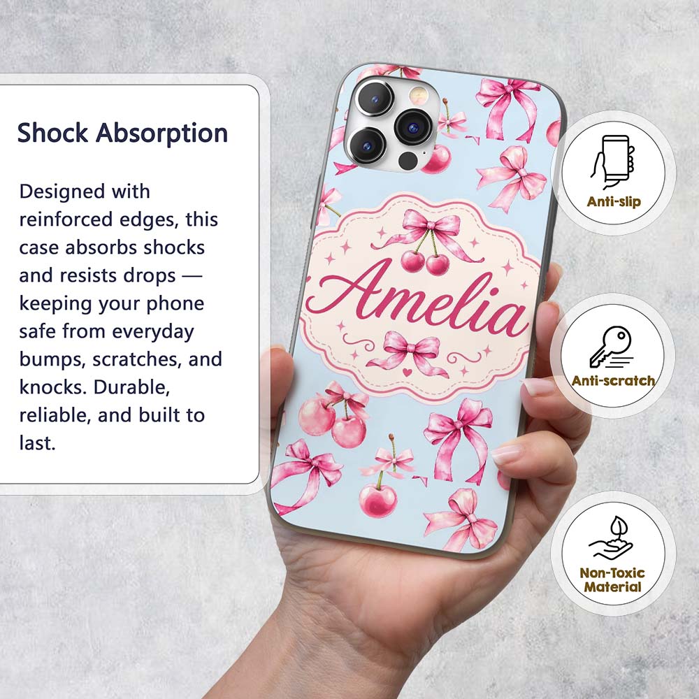 Watercolor Cherry Bow Ribbon Decorative Design Custom Name Protective Phone Case Mobile Cover Durable Everyday Smartphone Shock Resistant