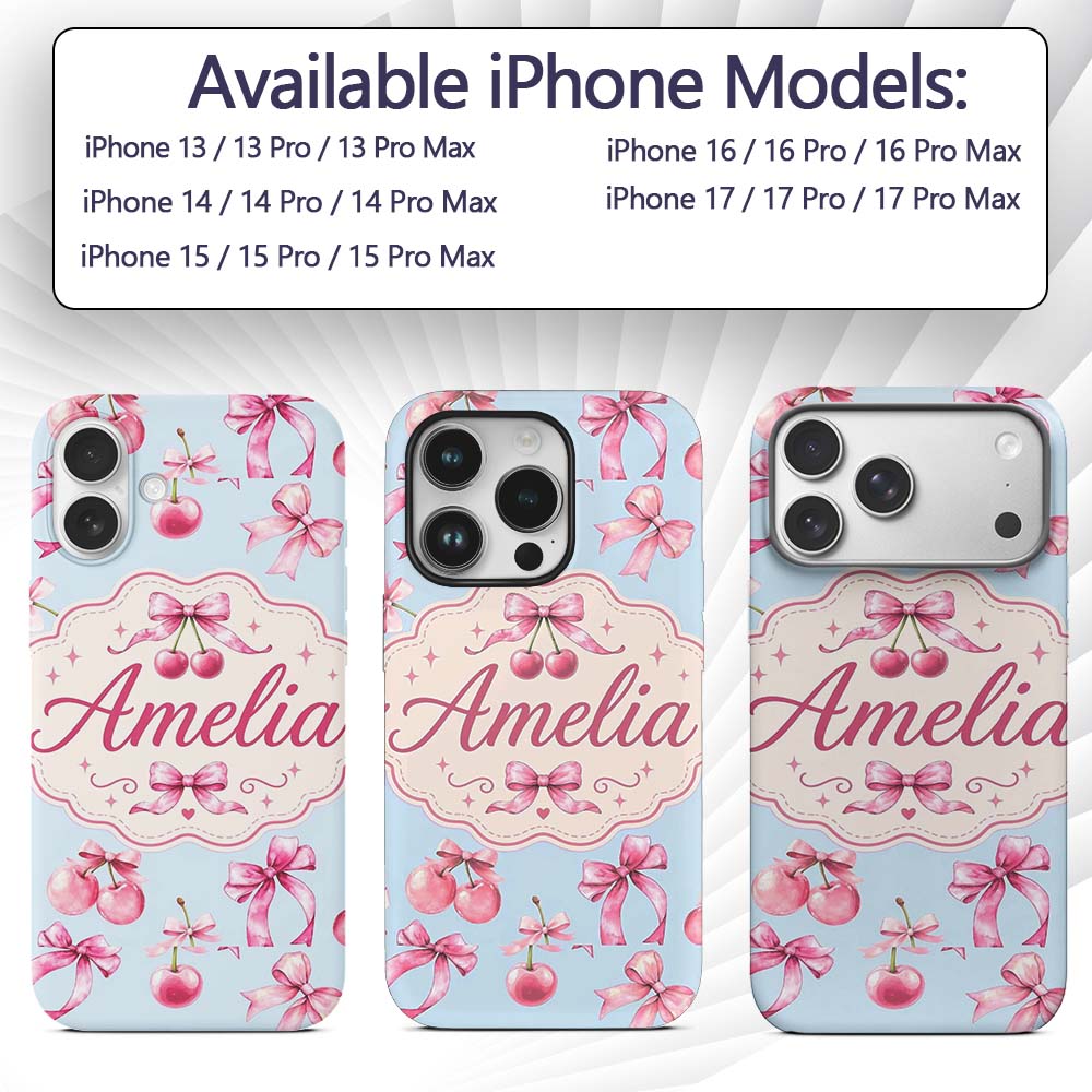 Watercolor Cherry Bow Ribbon Decorative Design Custom Name Protective Phone Case Mobile Cover Durable Everyday Smartphone Shock Resistant