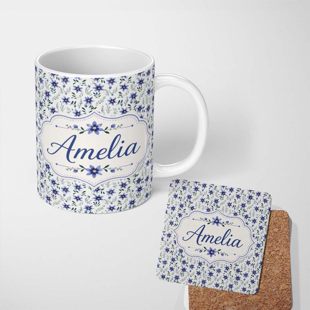 Personalized Custom Name Elegant Blue Floral Leaves and Blossoms Seamless Pattern Name Cute 11oz Ceramic Coffee Tea Mug White Large Handle
