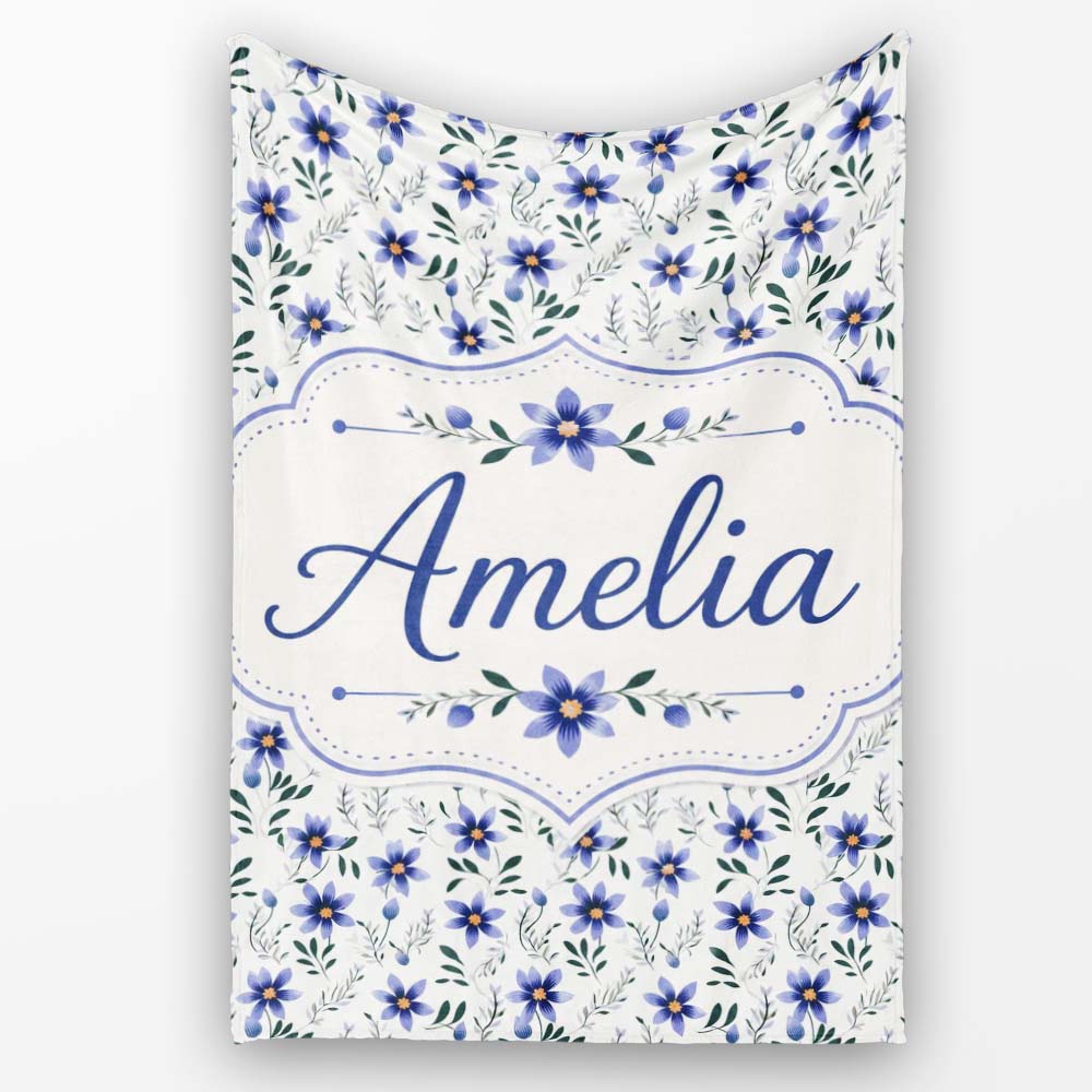 Elegant Blue Floral Leaves and Blossoms Seamless Pattern Name Cute Personalised Custom Name Super Soft Fleece Blanket Bed Sofa Throw