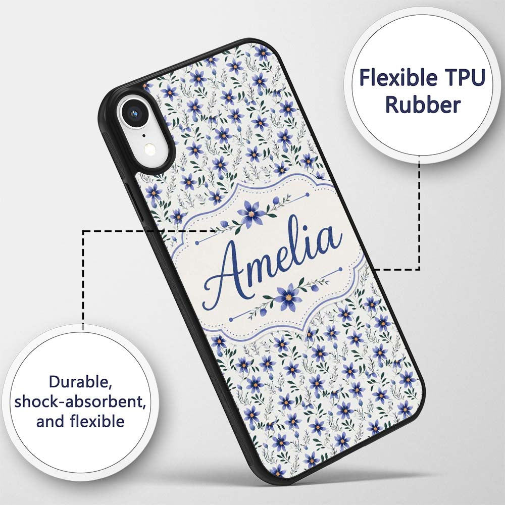 Elegant Blue Floral Leaves and Blossoms Seamless Custom Name Protective Phone Case Mobile Cover Durable Everyday Smartphone Shock Resistant