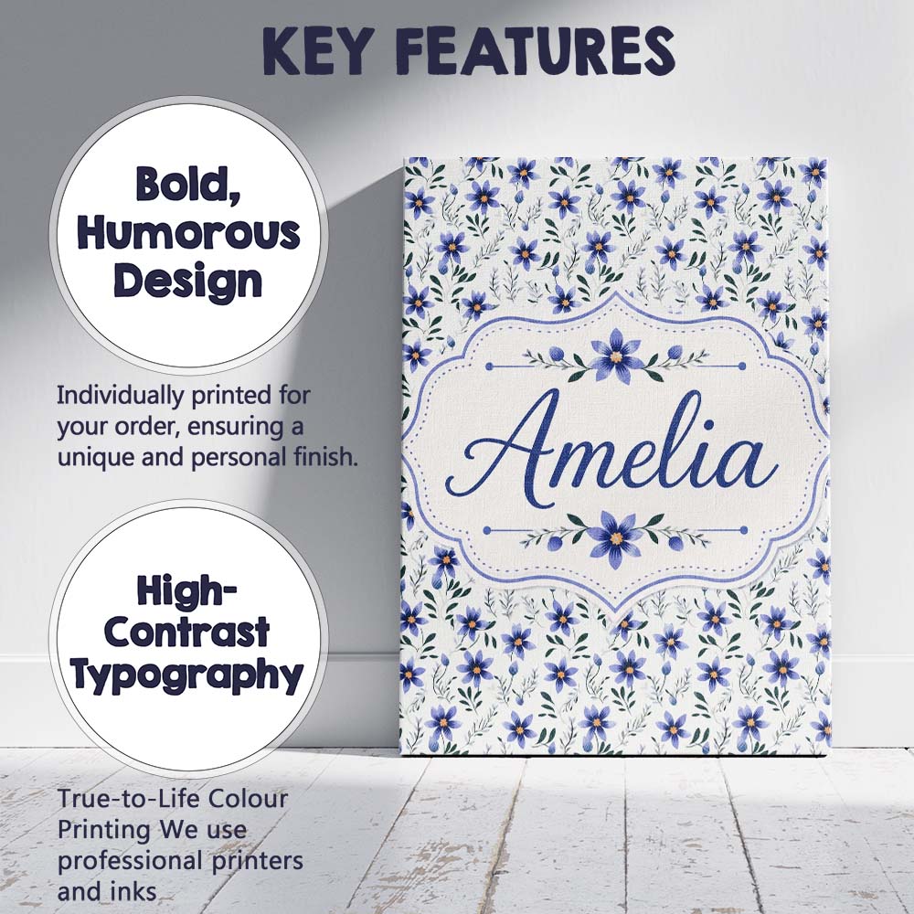 Personalised Name Elegant Blue Floral Custom Modern Room Accent Creative Decorator Style Canvas Wall Art Print Decor Picture Ready to Hang