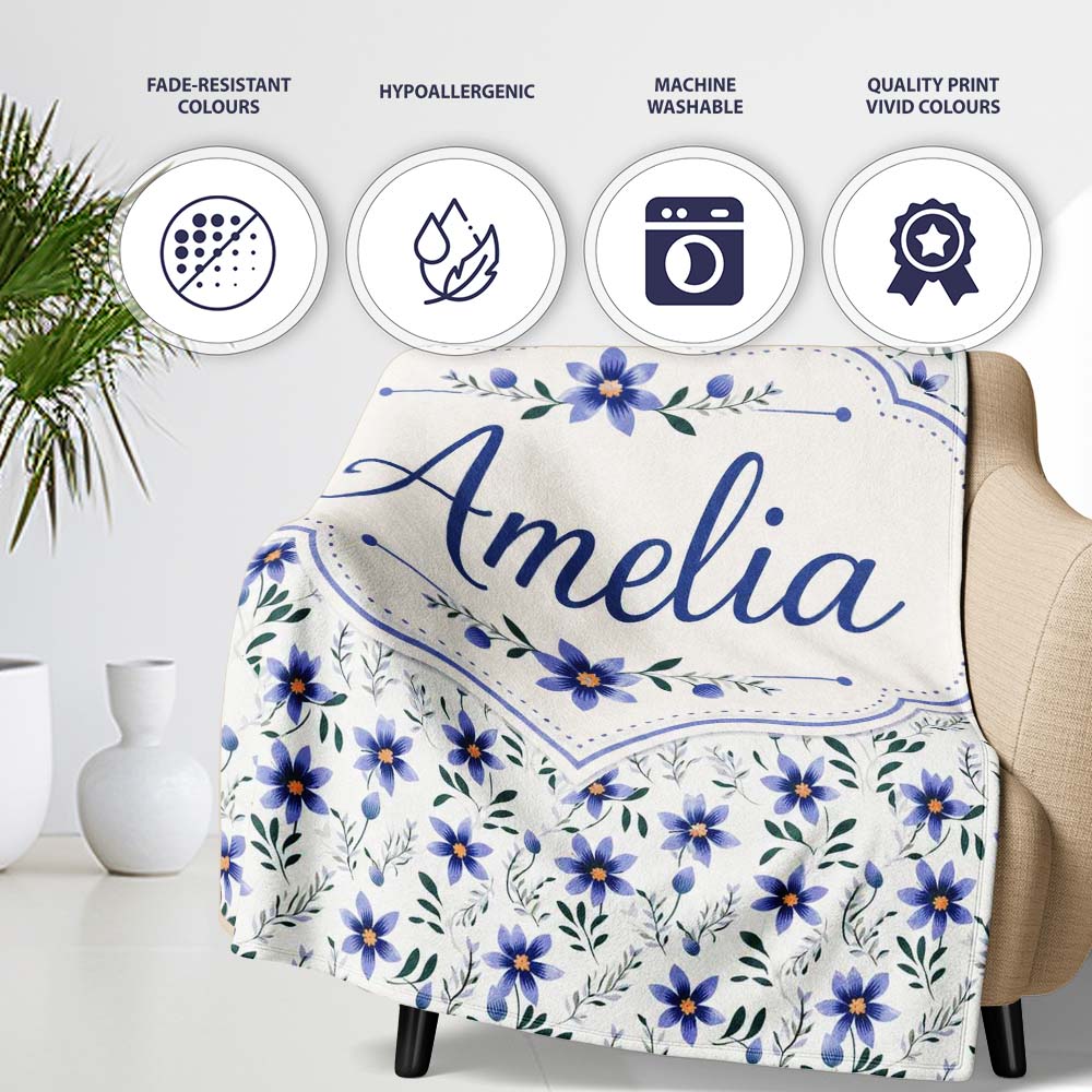 Elegant Blue Floral Leaves and Blossoms Seamless Pattern Name Cute Personalised Custom Name Super Soft Fleece Blanket Bed Sofa Throw