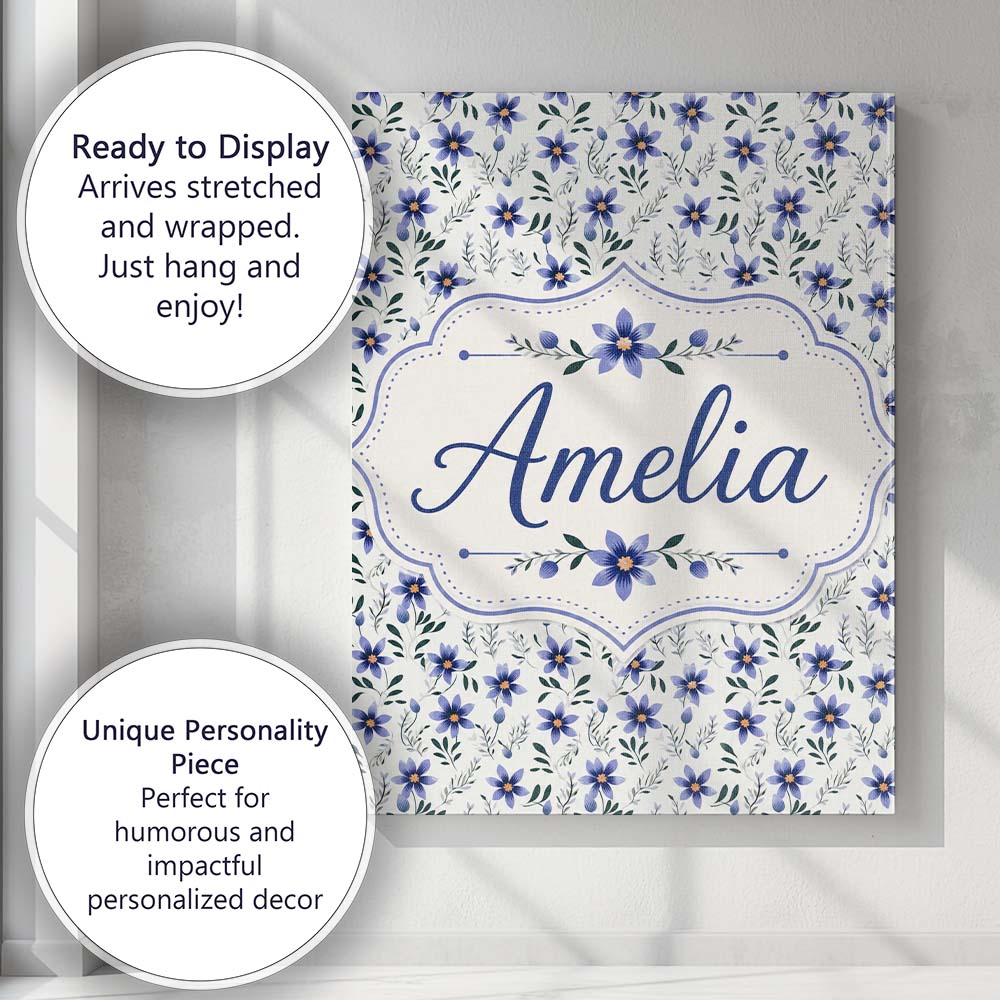 Personalised Name Elegant Blue Floral Custom Modern Room Accent Creative Decorator Style Canvas Wall Art Print Decor Picture Ready to Hang