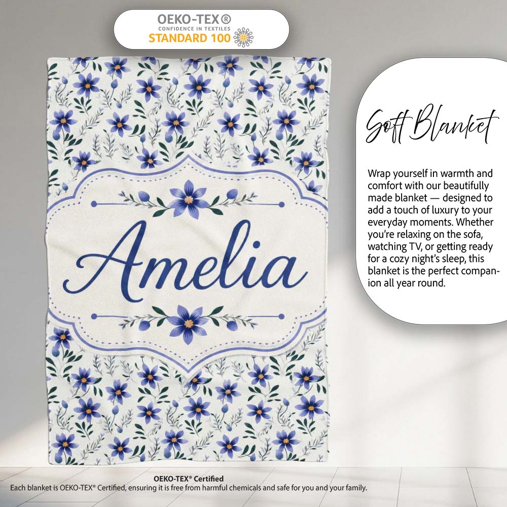 Elegant Blue Floral Leaves and Blossoms Seamless Pattern Name Cute Personalised Custom Name Super Soft Fleece Blanket Bed Sofa Throw