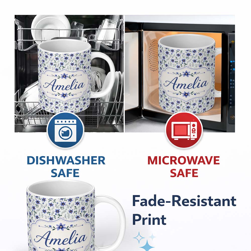 Personalized Custom Name Elegant Blue Floral Leaves and Blossoms Seamless Pattern Name Cute 11oz Ceramic Coffee Tea Mug White Large Handle