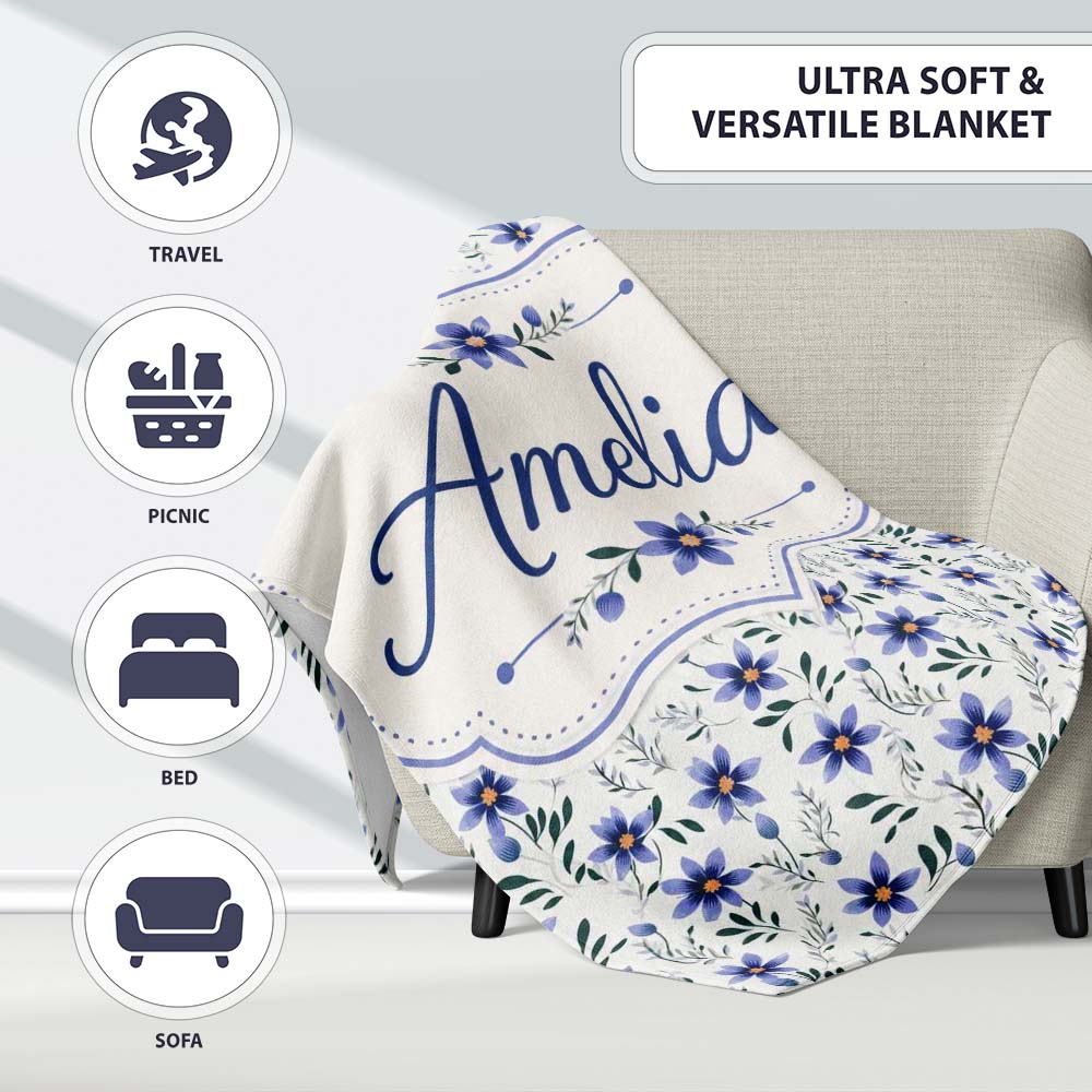 Elegant Blue Floral Leaves and Blossoms Seamless Pattern Name Cute Personalised Custom Name Super Soft Fleece Blanket Bed Sofa Throw