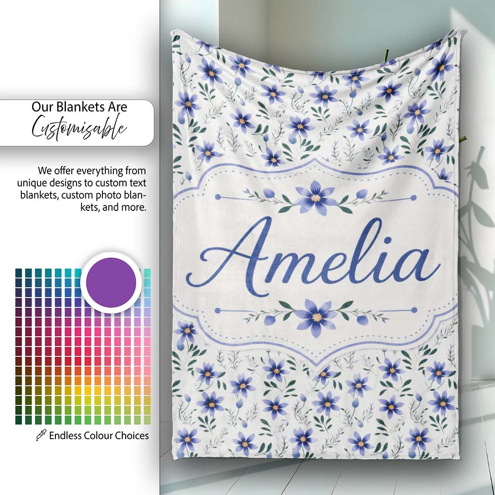 Elegant Blue Floral Leaves and Blossoms Seamless Pattern Name Cute Personalised Custom Name Super Soft Fleece Blanket Bed Sofa Throw