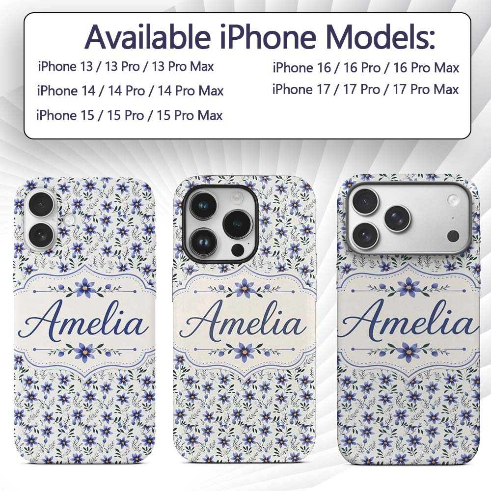 Elegant Blue Floral Leaves and Blossoms Seamless Custom Name Protective Phone Case Mobile Cover Durable Everyday Smartphone Shock Resistant