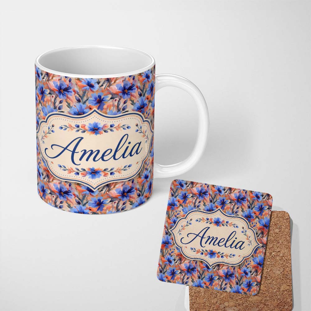 Personalized Custom Name Bold Painterly Blue and Coral Flowers Seamless Pattern Name Cute 11oz Ceramic Coffee Tea Mug White Large Handle