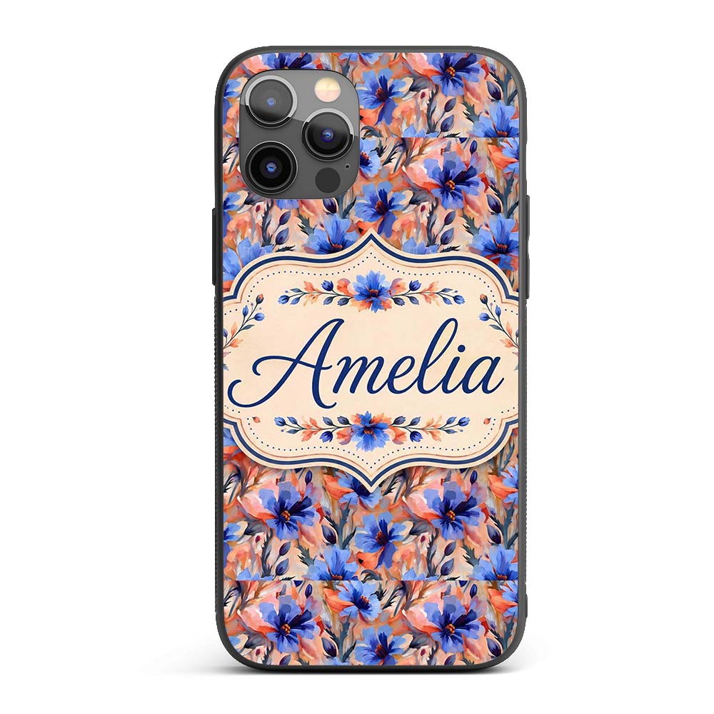 Bold Painterly Blue and Coral Flowers Seamless Custom Name Protective Phone Case Mobile Cover Durable Everyday Smartphone Shock Resistant